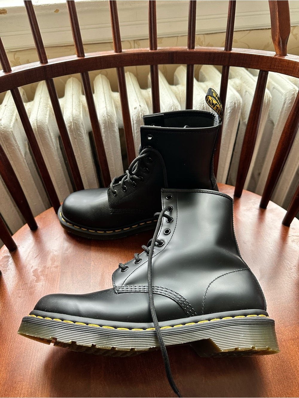 Dr. Martens Black Combat Boots with Yellow Stitching